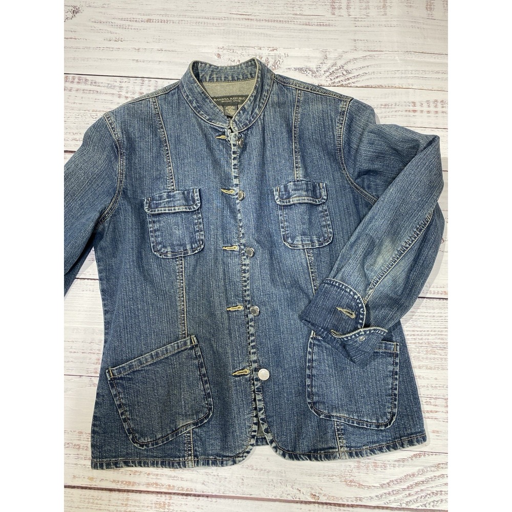 Banana Republic Denim Jacket Womens M Blue Mandarin Collar Button Front Utility